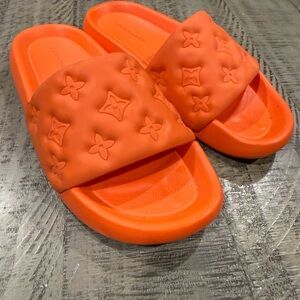Orange Padded Slide Sandals with Embossed Monogram